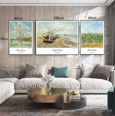 3PCS SET Living Room Tv Background Wall Decoration Painting Van Gogh's Famous Painting Modern Simple Field Harvest Triptych Hanging Painting Wall Painting