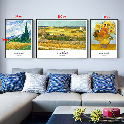 3PCS SET Living Room Tv Background Wall Decoration Painting Van Gogh's Famous Painting Modern Simple Field Harvest Triptych Hanging Painting Wall Painting