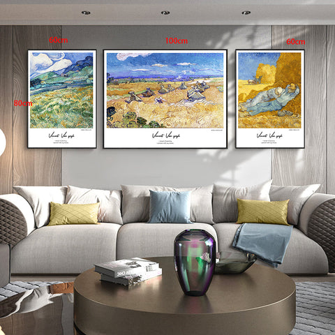 3PCS SET Living Room Tv Background Wall Decoration Painting Van Gogh's Famous Painting Modern Simple Field Harvest Triptych Hanging Painting Wall Painting